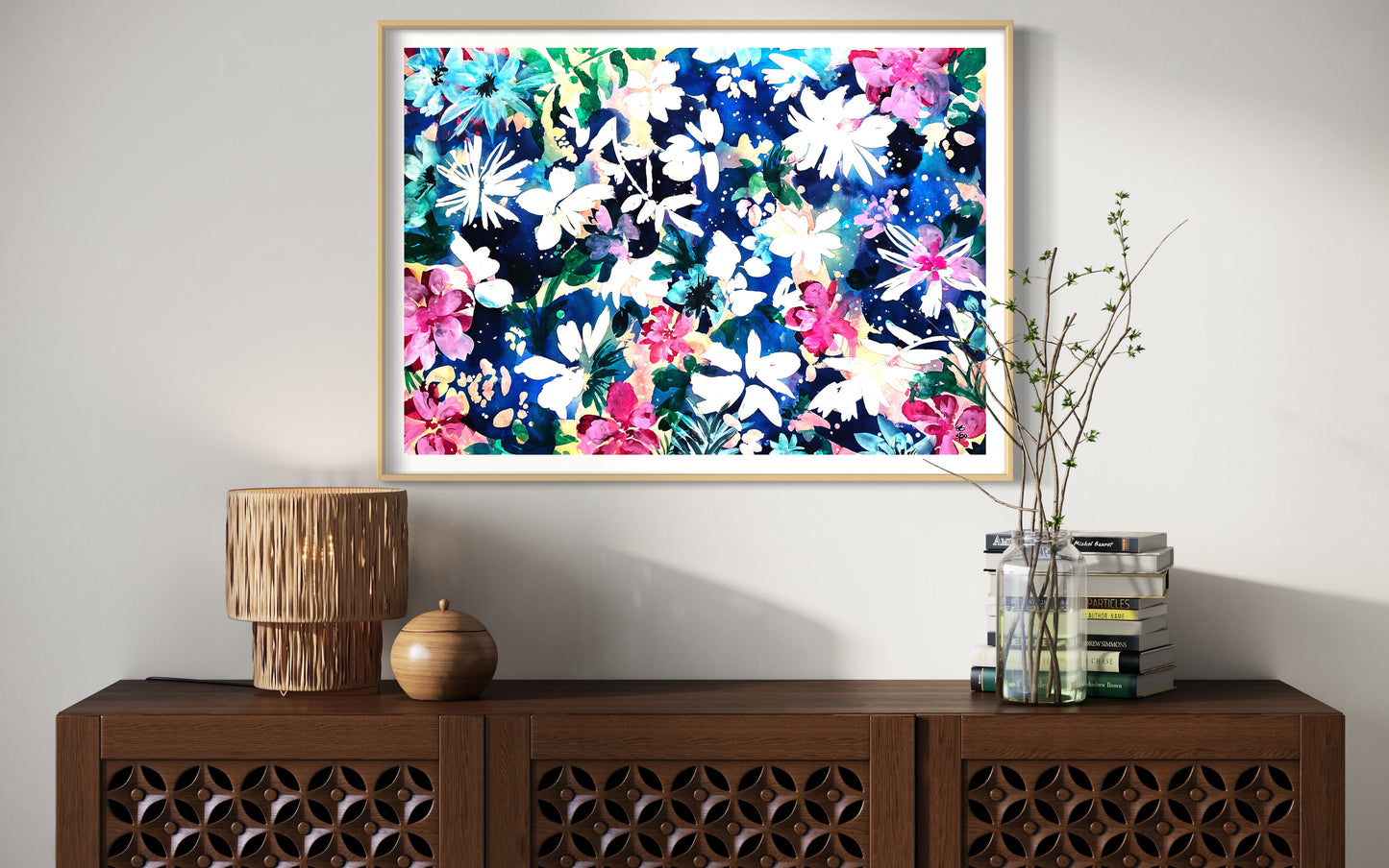fine art print watercolor art blue pink white flower floral home office study living room bedroom 