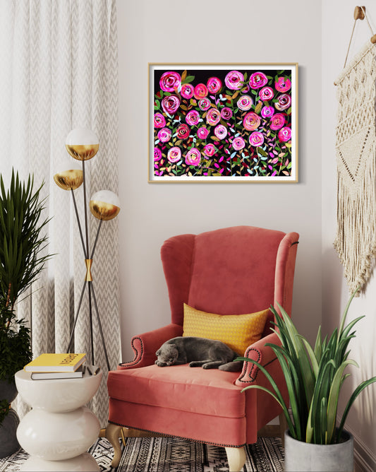 feminine floral art print flowers black pink giclee