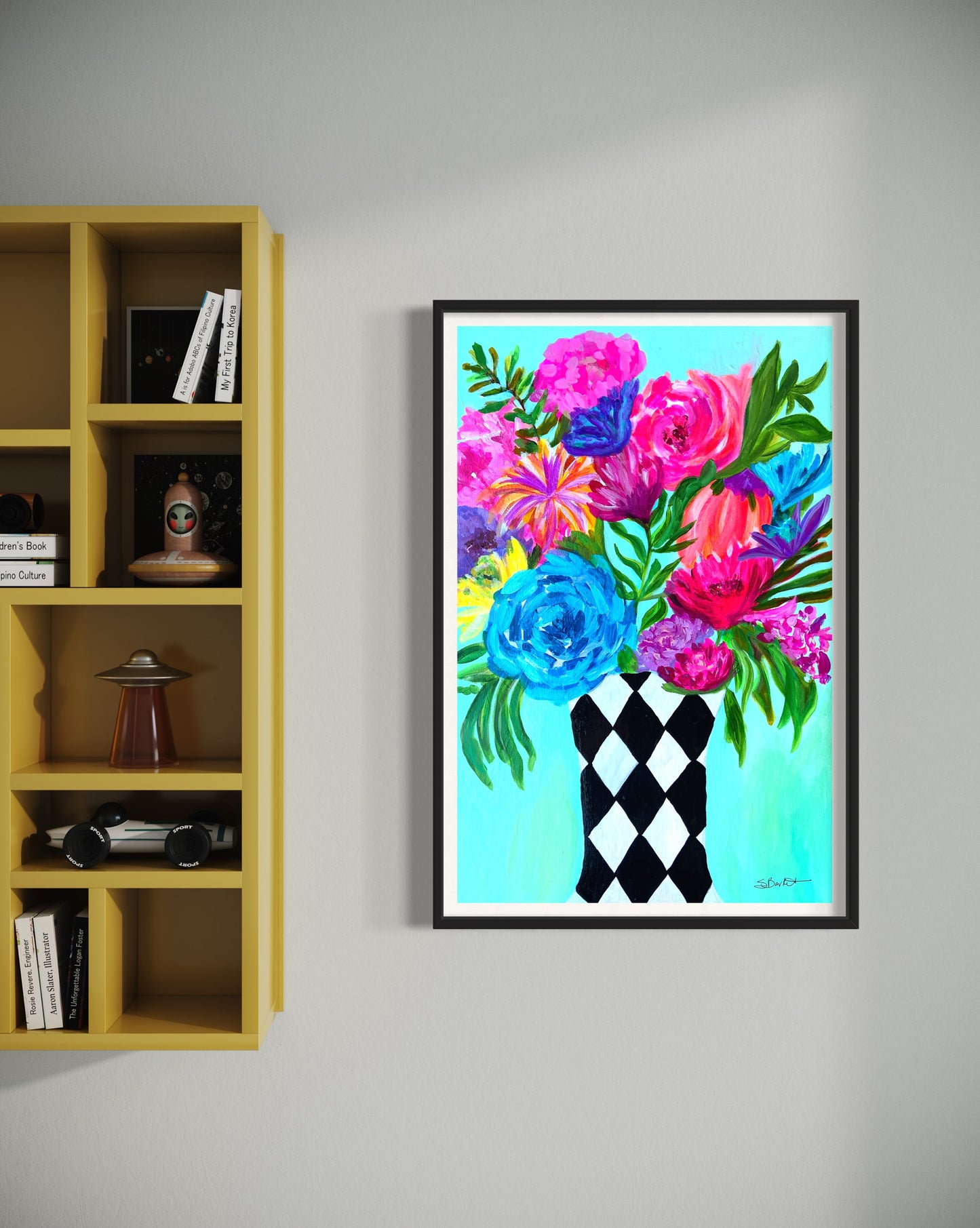 harlequin black white floral flower art print colorful whimsical cute blue pink green