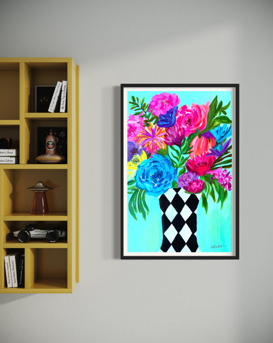 harlequin black white floral flower art print colorful whimsical cute blue pink green