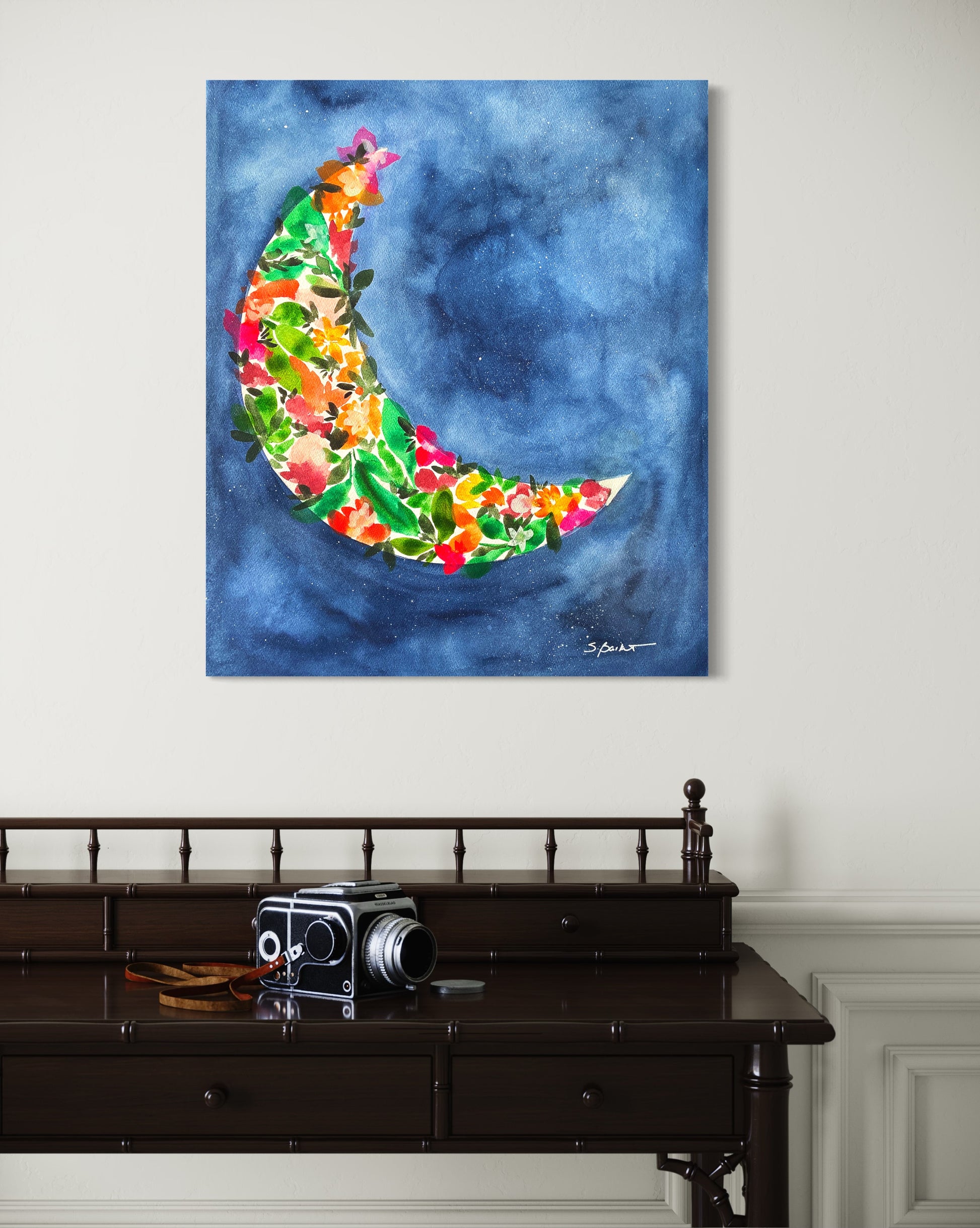 floral moon watercolor canvas print nursery cosmic baby girl decor teen bedroom night sky 