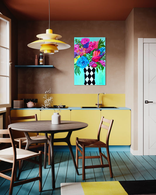 harlequin print wall decor art abstract home canvas colorful flowers floral