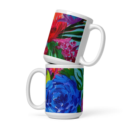colorful flower coffee mug floral original art blue pink unique