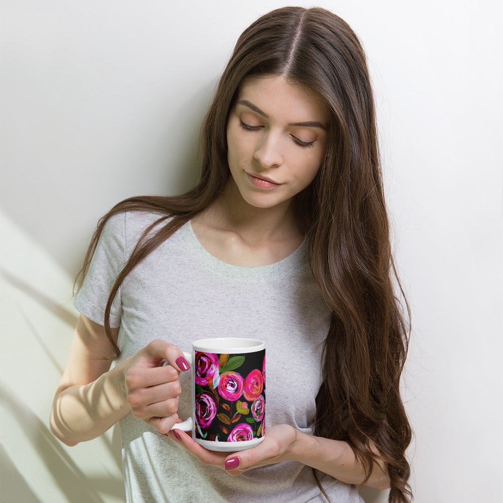 Midnight Blossoms White Glossy Mug